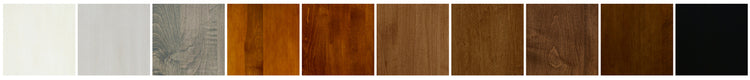 Palette of all available wood finishes ranging from white, grey, reddish, brown, black.
