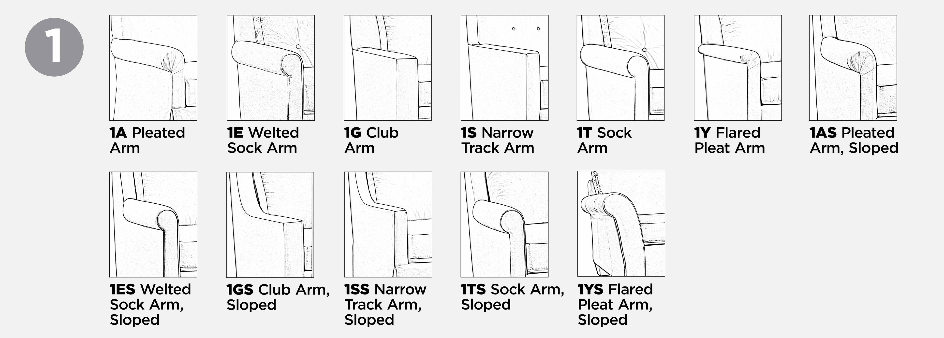 Grid of line art showing the different 500 Series Selectionals arm styles