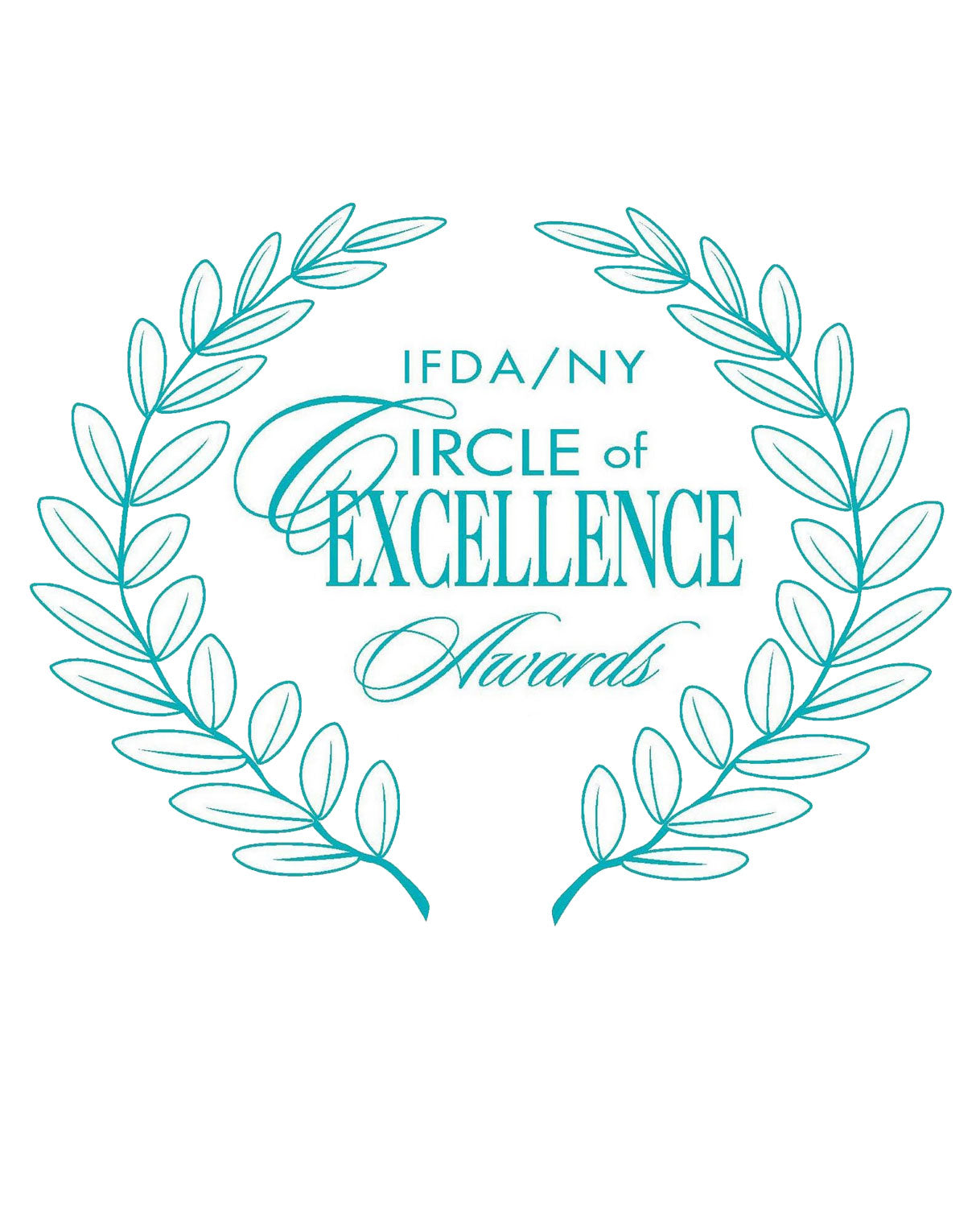 Teal graphic logo for the IFDA/NY Circle of Excellence Awards, featuring elegant script text framed by a laurel wreath design on a white background.