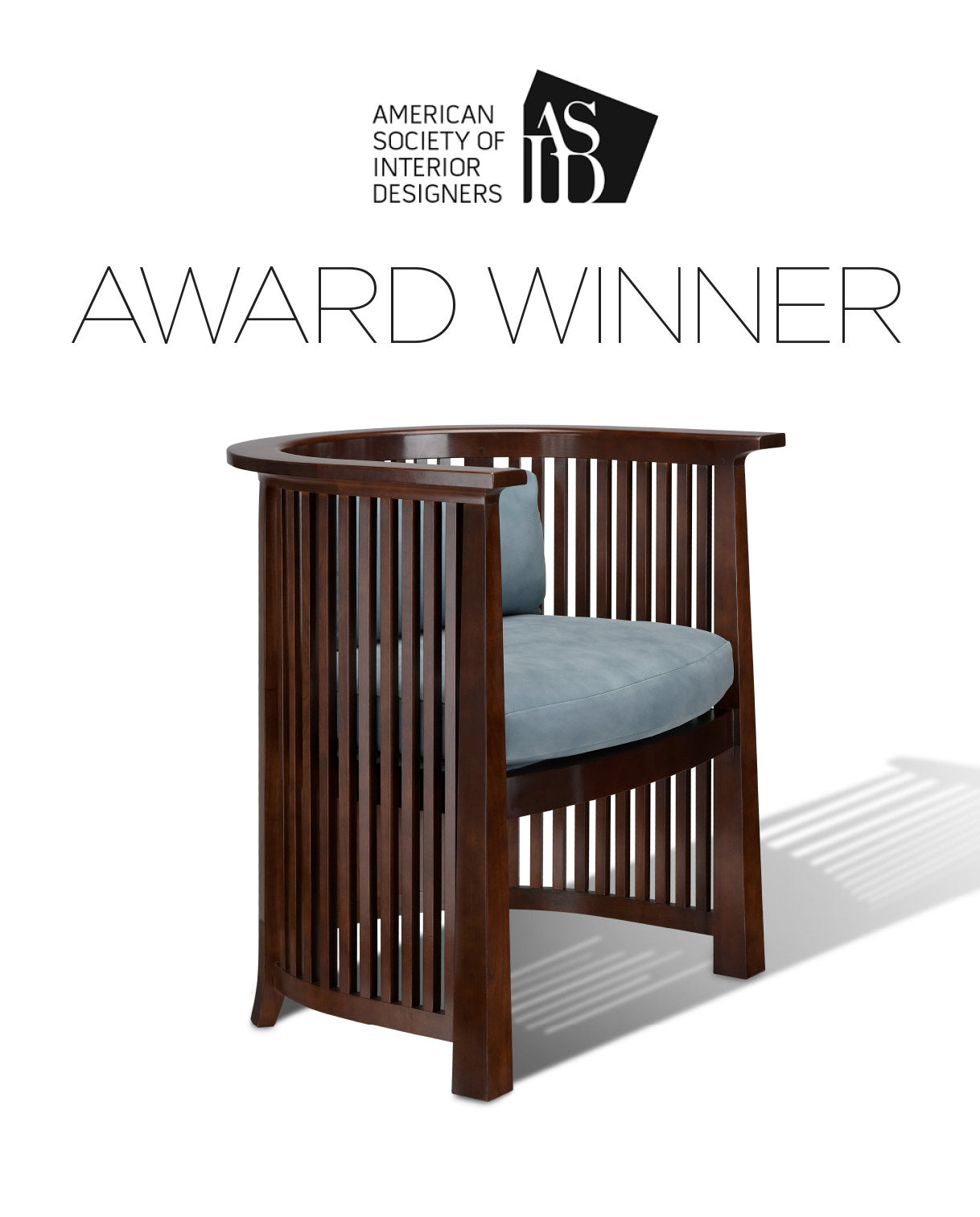Park Slope chair by Stickley, featuring a curved back with vertical wood slats and a plush blue seat cushion, displayed against a white background with the American Society of Interior Designers (ASID) Award Winner designation above.