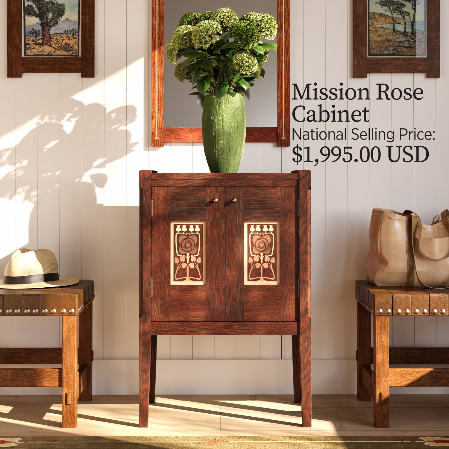 LIfestyle of the Mission Rose Cabinet, National Selling Price: $1,995.00 USD