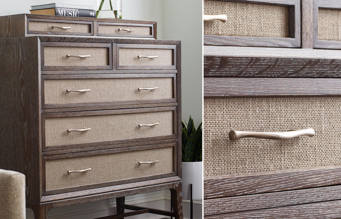 Maidstone Tall Chest with Gallery by Stickley, crafted in cerused oak and featuring drawer fronts accented with woven jute and elegant sculpted metal pulls, shown with a close-up of the textured jute detail for a tactile, organic design element.