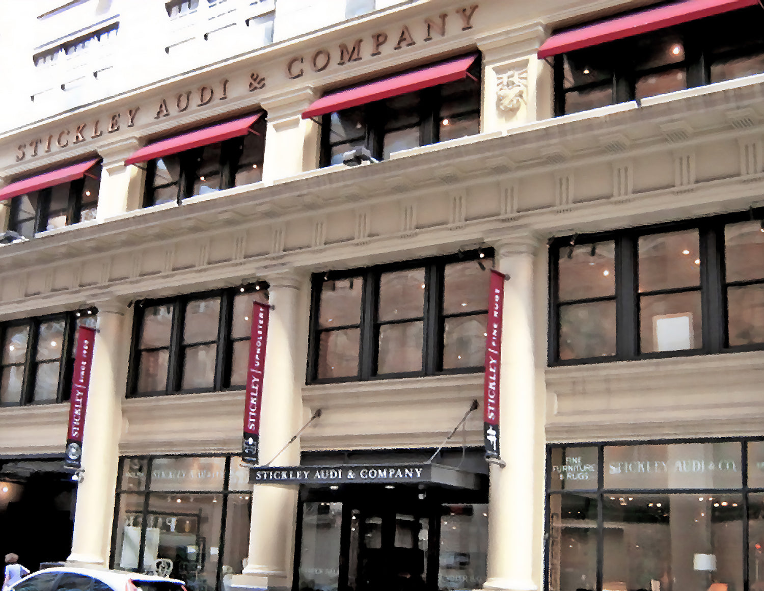 Exterior view of the Stickley showroom in Manhattan, NY, showcasing the store’s elegant facade with branded signage—highlighting the presence of luxury handcrafted furniture in a premier urban retail location.