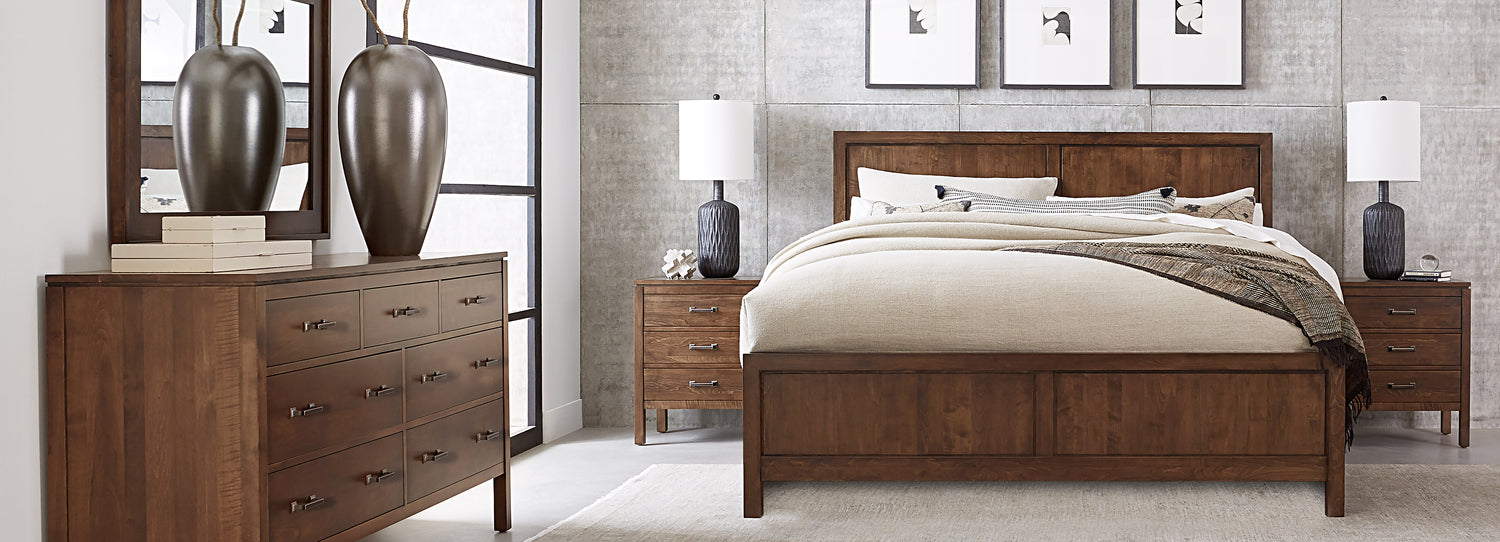 Origins by Stickley Dwyer bed frame, nightstand, and dresser
