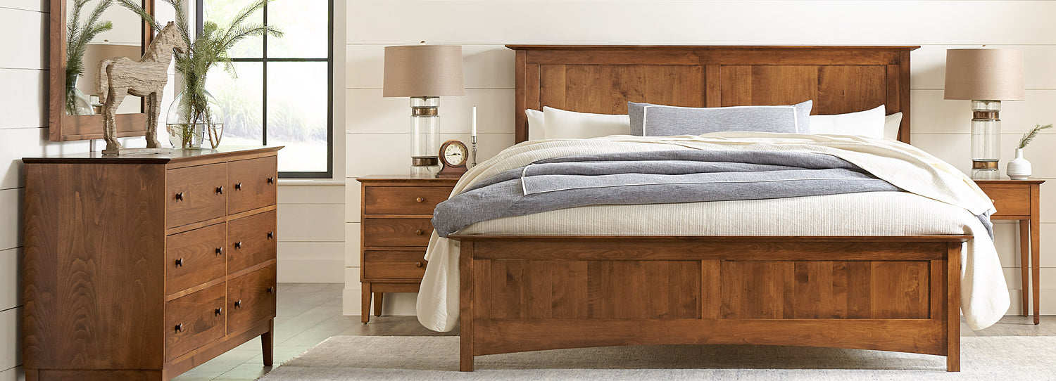 Origins by Stickley Gable bed frame, nightstand, and dresser