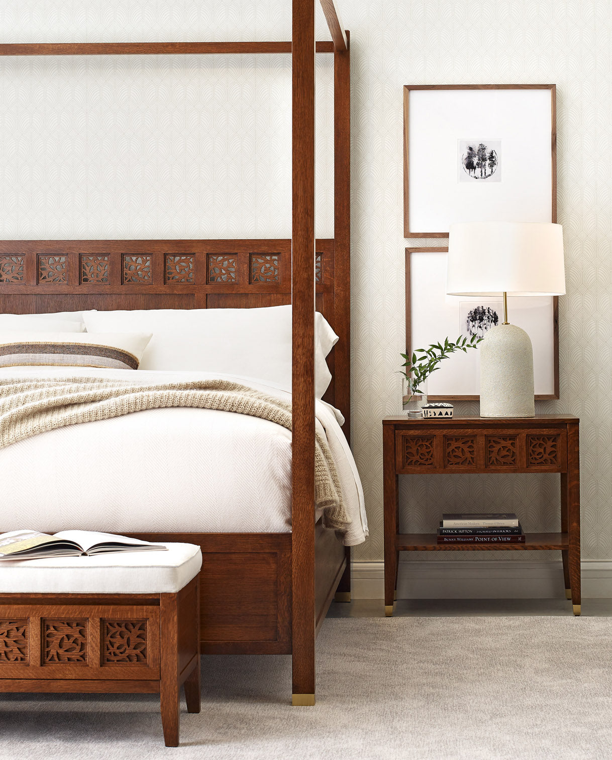 Lifestyle of Surrey Hills Four-Poster bed with an open nightstand (wood top) next to it, and a Surrey Hills bench at the foot of the bed. The bed and nightstand are against a cream colored wall.
