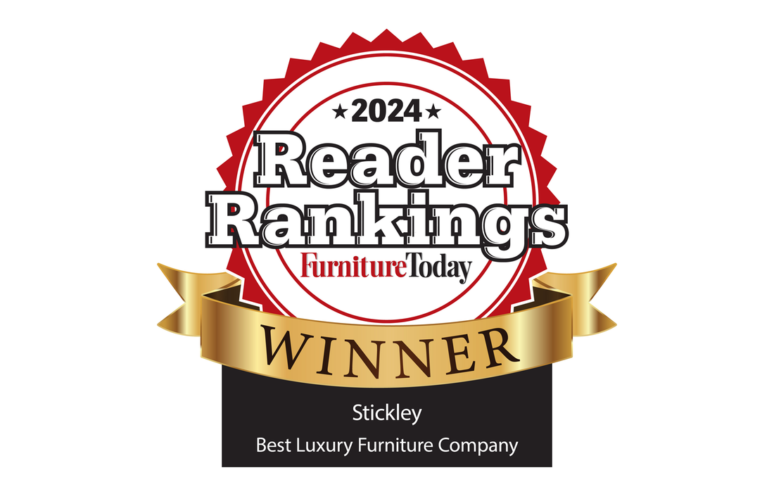 2024 Furniture Today Reader Rankings Winner badge awarded to Stickley for Best Luxury Furniture Company. The design features a red and white seal with bold text and a gold ribbon banner that reads 'WINNER'.