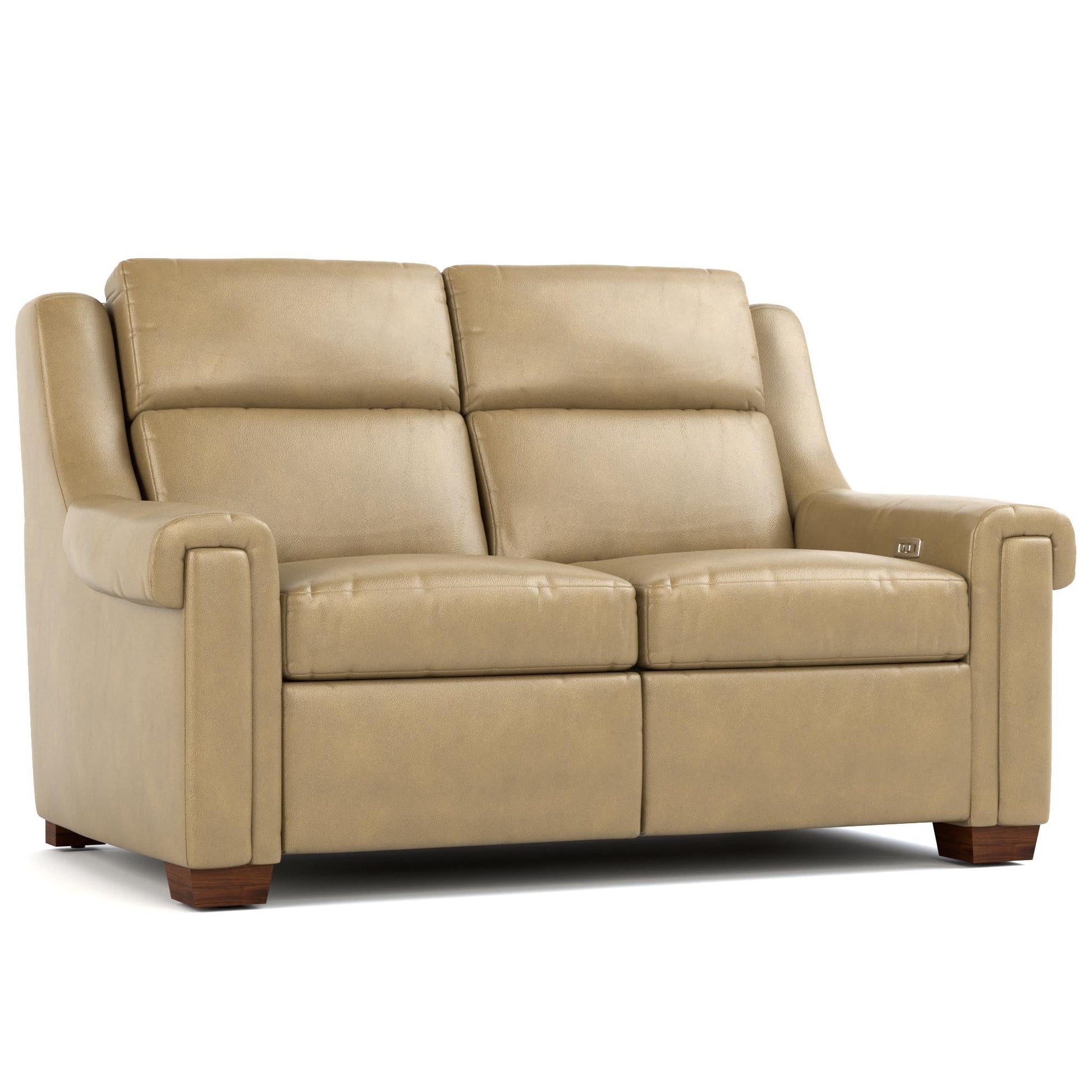 Chester Power Motion Loveseat Futuro Taupe Leather Dark Maple Finish