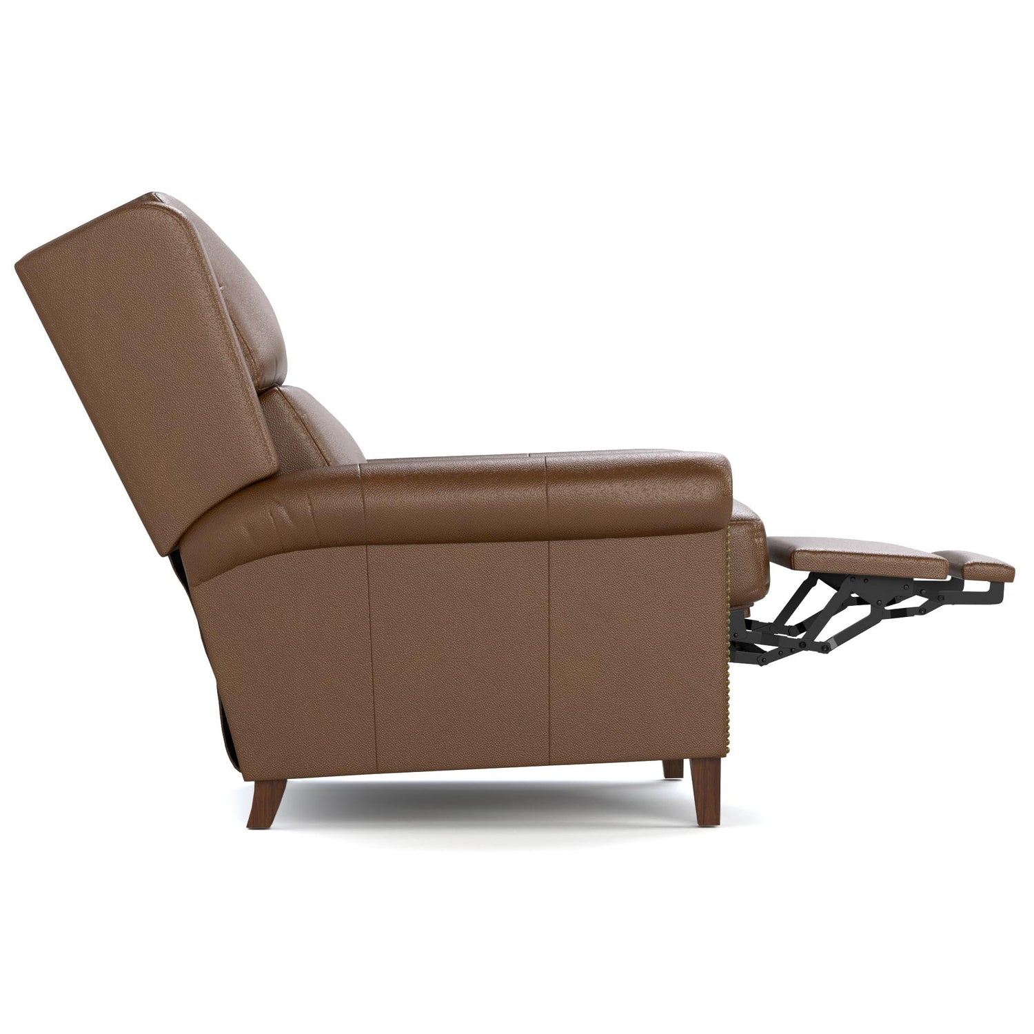 Woodlands Small Roll Arm Power Recliner with Nails Selvano Bark - Side Reclined