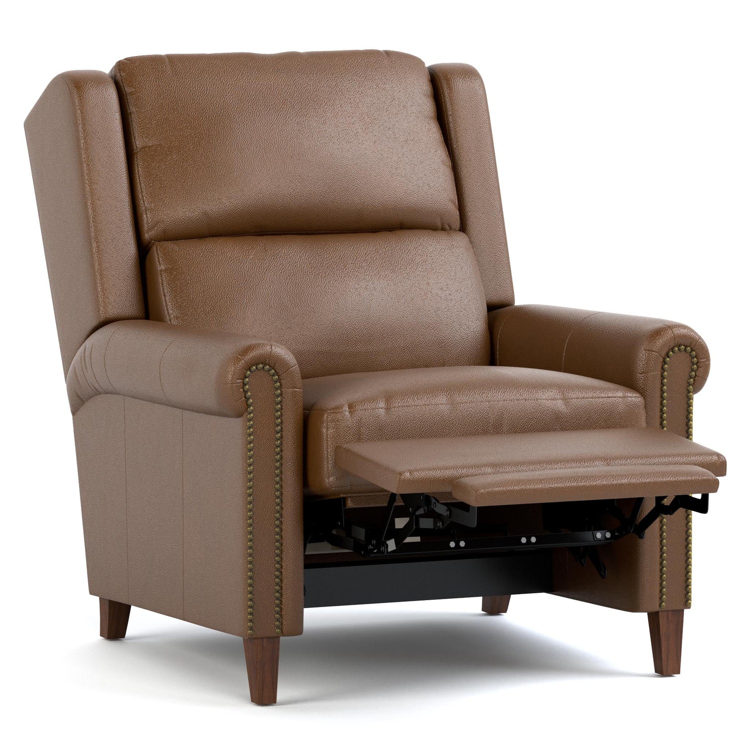 Woodlands Small Roll Arm Manual Recliner with Nails Selvano Bark - Angle Reclined