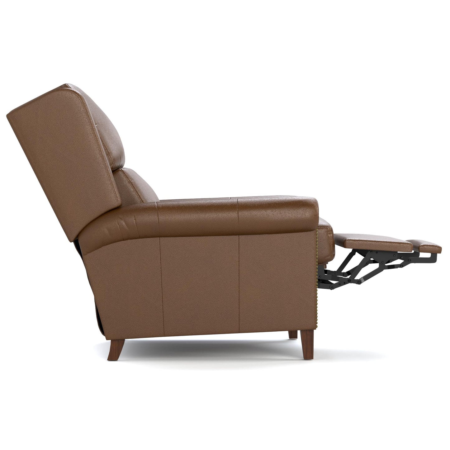 Woodlands Small Roll Arm Manual Recliner with Nails Selvano Bark - Side Reclined